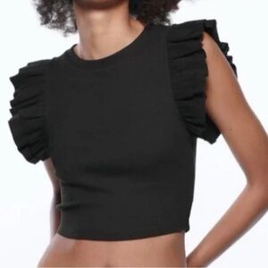 Zara Black Cropped Ruffle Shirt